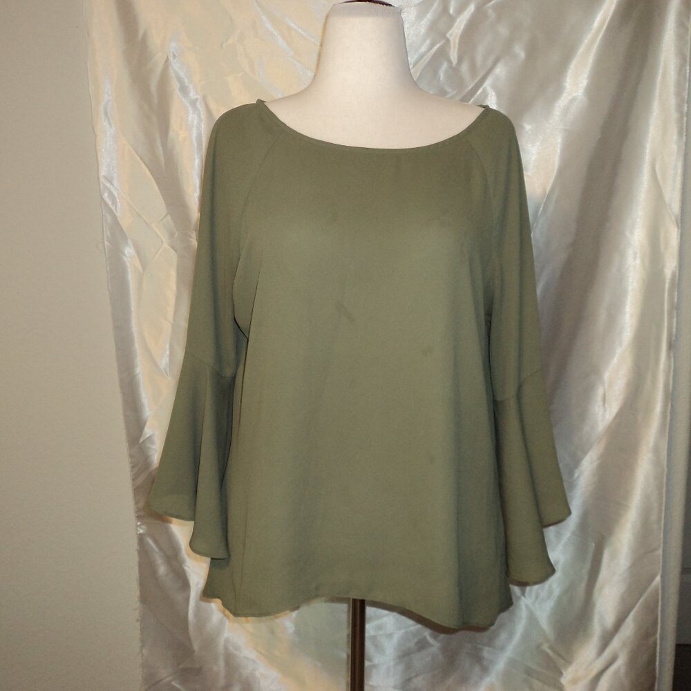 Olive Green Women's Blouse - Flare Sleeve